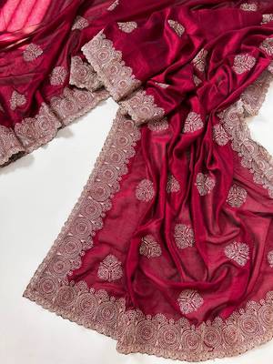 Rose Color Blooming Vichitra Embroidered Saree 2