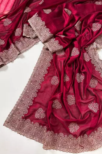Rose Color Blooming Vichitra Embroidered Saree