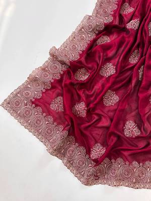 Rose Color Blooming Vichitra Embroidered Saree 3