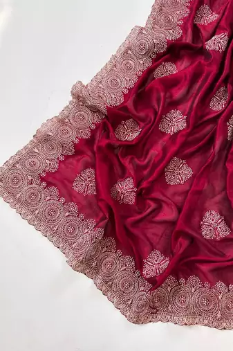 Rose Color Blooming Vichitra Embroidered Saree