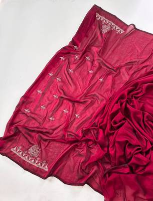 Rose Color Blooming Vichitra Embroidered Saree 4