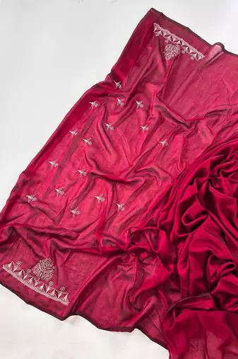 Rose Color Blooming Vichitra Embroidered Saree