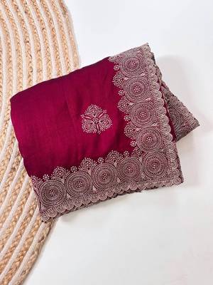 Rose Color Blooming Vichitra Embroidered Saree 5