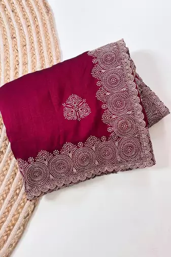 Rose Color Blooming Vichitra Embroidered Saree