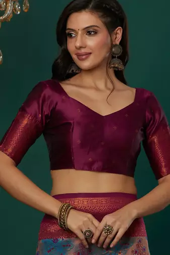 sky pink silk blend banarasi saree with unstitched blouse piece