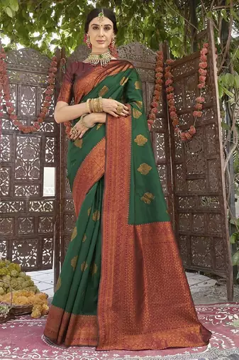 gren maroon silk blend banarasi saree with unstitched blouse piece