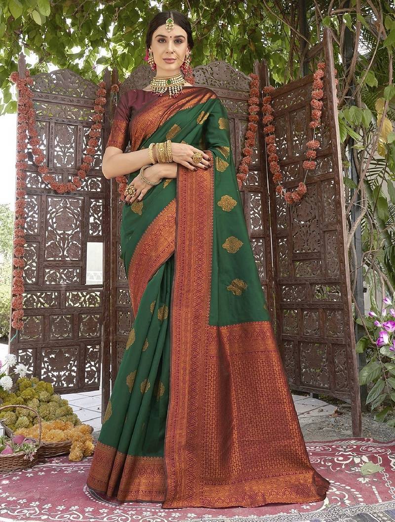 gren maroon  soft art silk blend banarasi jacuard work designer party wear saree with unstitched blouse piece