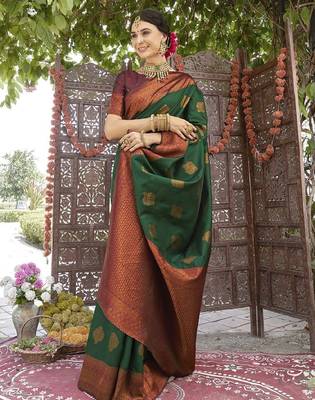 gren maroon silk blend banarasi saree with unstitched blouse piece 4