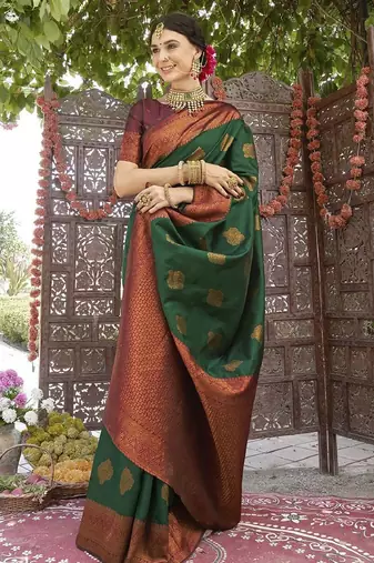 gren maroon silk blend banarasi saree with unstitched blouse piece