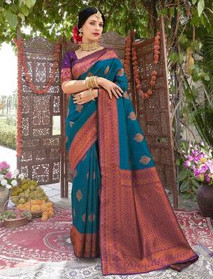 morpich wine silk blend banarasi saree with unstitched blouse piece 2