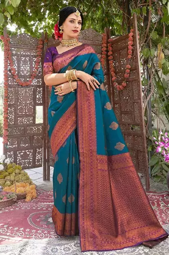 morpich wine silk blend banarasi saree with unstitched blouse piece