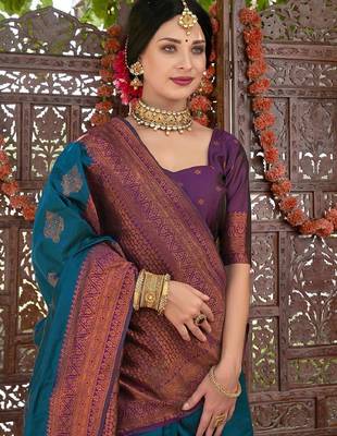 morpich wine silk blend banarasi saree with unstitched blouse piece 1