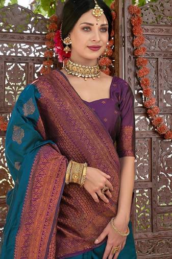 morpich wine  soft art silk blend banarasi jacuard work designer party wear saree with unstitched blouse piece