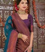 morpich wine soft art silk blend banarasi jacuard work designer party wear saree with unstitched blouse piece