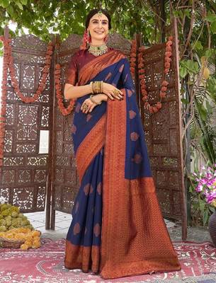 neavy blue wine silk blend banarasi saree with unstitched blouse piece 2