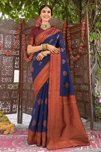 neavy blue wine silk blend banarasi saree with unstitched blouse piece