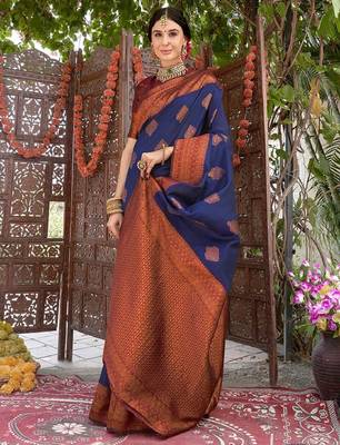 neavy blue wine silk blend banarasi saree with unstitched blouse piece 3
