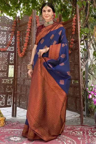 neavy blue wine silk blend banarasi saree with unstitched blouse piece