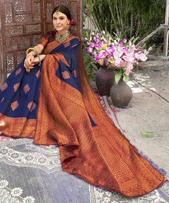 neavy blue wine silk blend banarasi saree with unstitched blouse piece 1