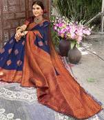 neavy blue wine soft art silk blend banarasi jacuard work designer party wear saree with unstitched blouse piece