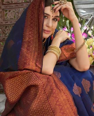 neavy blue wine silk blend banarasi saree with unstitched blouse piece 4