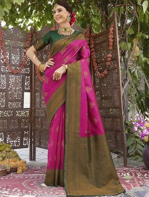 pink green silk blend banarasi saree with unstitched blouse piece 1