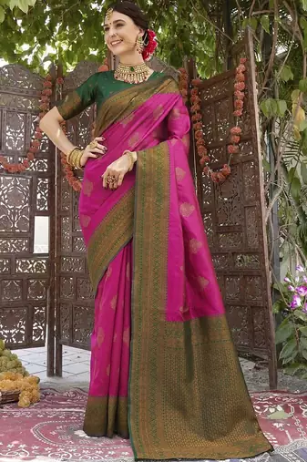 pink green  soft art silk blend banarasi jacuard work designer party wear saree with unstitched blouse piece