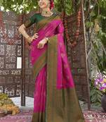 pink green  soft art silk blend banarasi jacuard work designer party wear saree with unstitched blouse piece