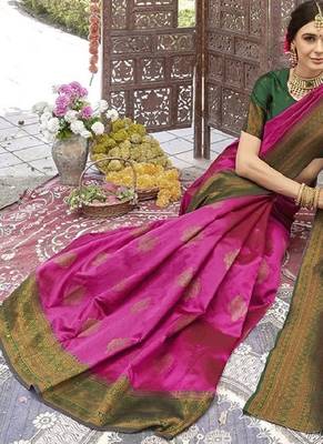 pink green silk blend banarasi saree with unstitched blouse piece 2