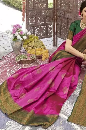 pink green silk blend banarasi saree with unstitched blouse piece