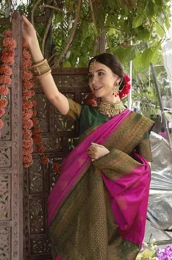 pink green silk blend banarasi saree with unstitched blouse piece