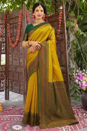 yellow green  soft art silk blend banarasi jacuard work designer party wear saree with unstitched blouse piece