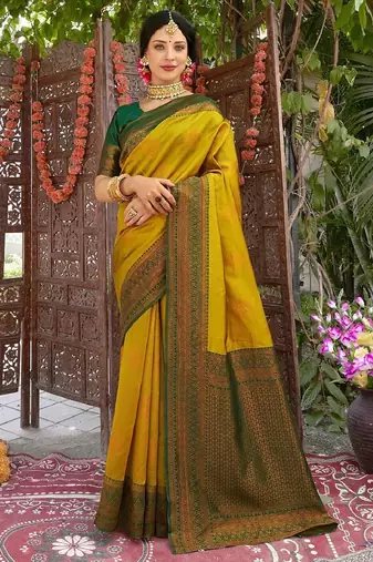 yellow green  soft art silk blend banarasi jacuard work designer party wear saree with unstitched blouse piece