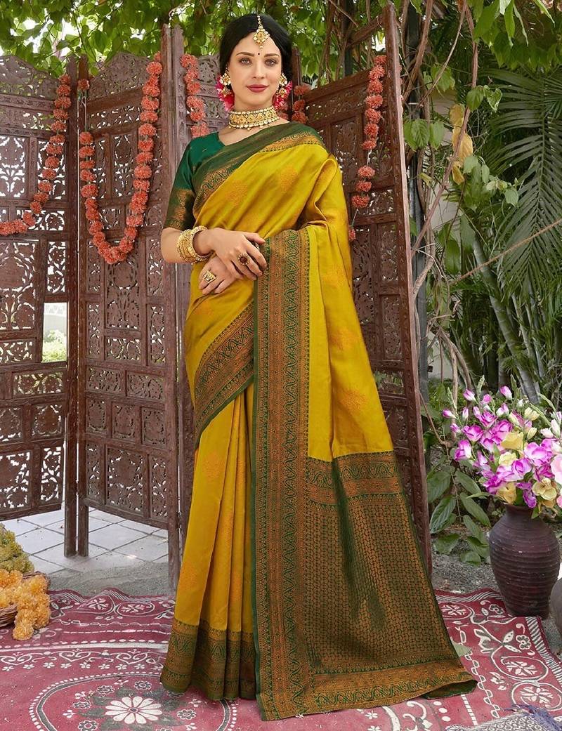 yellow green  soft art silk blend banarasi jacuard work designer party wear saree with unstitched blouse piece