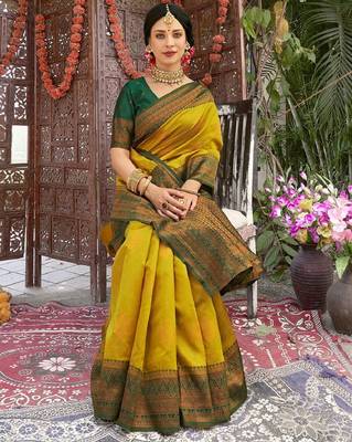 yellow green silk blend banarasi saree with unstitched blouse piece 2