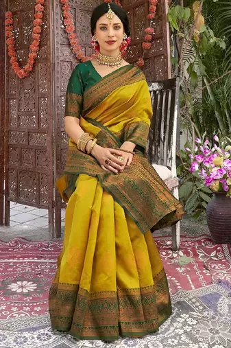 yellow green silk blend banarasi saree with unstitched blouse piece
