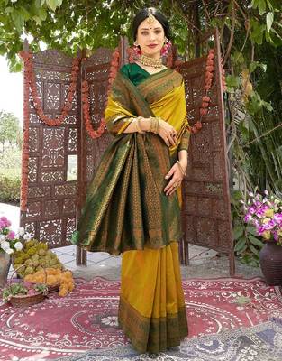 yellow green silk blend banarasi saree with unstitched blouse piece 3