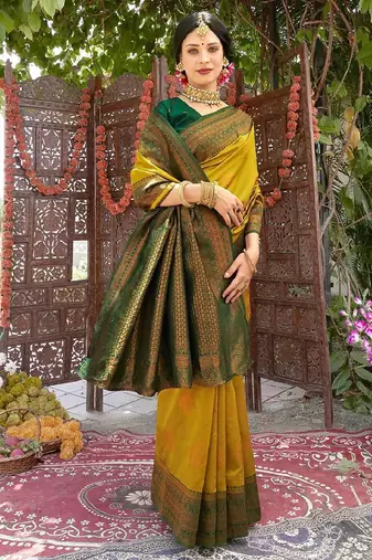 yellow green silk blend banarasi saree with unstitched blouse piece