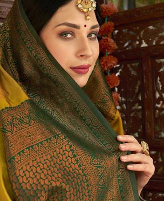 yellow green silk blend banarasi saree with unstitched blouse piece 4