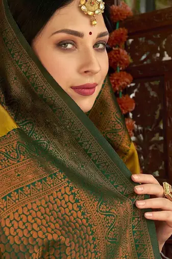 yellow green silk blend banarasi saree with unstitched blouse piece