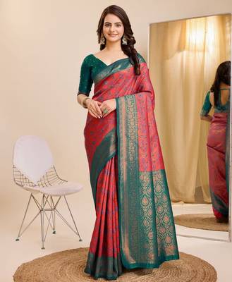 gajri rama silk blend banarasi saree with unstitched blouse piece 1