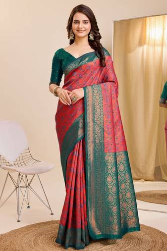 gajri rama  soft art silk blend banarasi jacuard work designer party wear saree with unstitched blouse piece