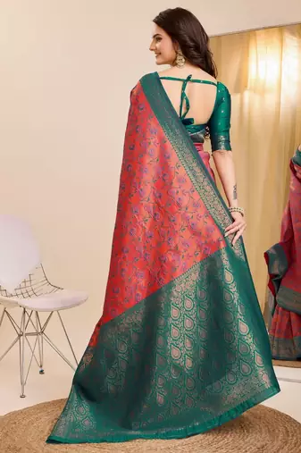 gajri rama silk blend banarasi saree with unstitched blouse piece