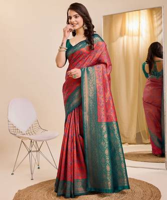 gajri rama silk blend banarasi saree with unstitched blouse piece 3