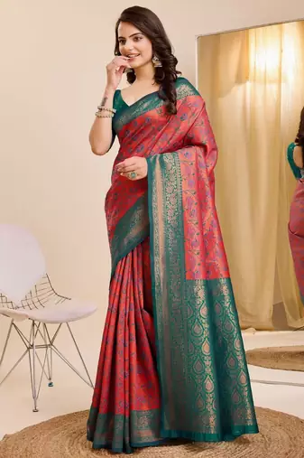 gajri rama silk blend banarasi saree with unstitched blouse piece