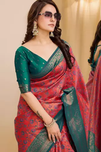 gajri rama silk blend banarasi saree with unstitched blouse piece