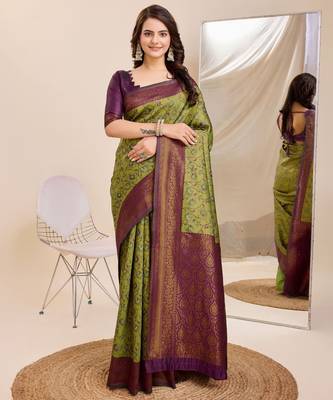mehendiwine silk blend banarasi saree with unstitched blouse piece 2