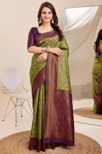 mehendiwine silk blend banarasi saree with unstitched blouse piece