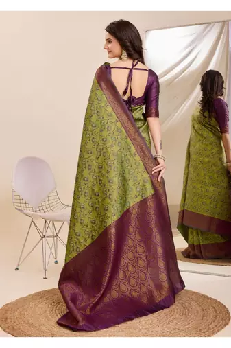 mehendiwine silk blend banarasi saree with unstitched blouse piece