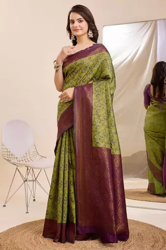 mehendiwine silk blend banarasi saree with unstitched blouse piece